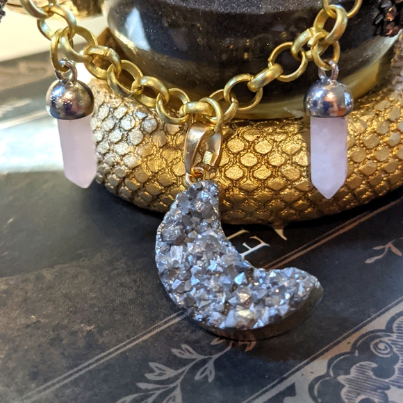 Moon Phase Druzy & Rose Quartz Necklace - Picture 7 of 10